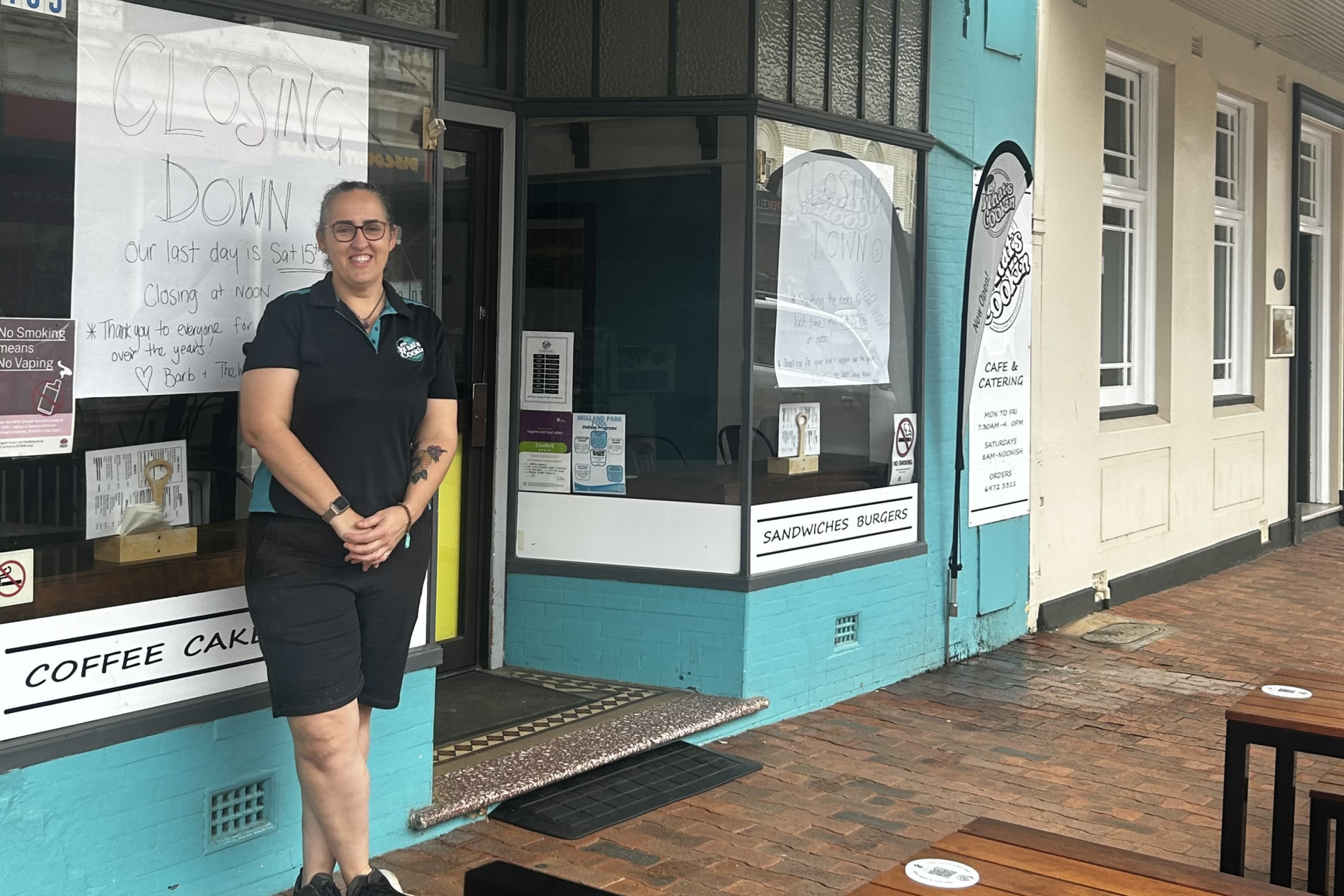 LIFE IS WHAT YOU BAKE IT: What’s Cookin’ owner Barb Last, out the front of her cafe for the last time before closing up last Saturday February 15. Barb ran the eatery for over seven years in the main street of West Wyalong. Photos by Vicki Glennon.