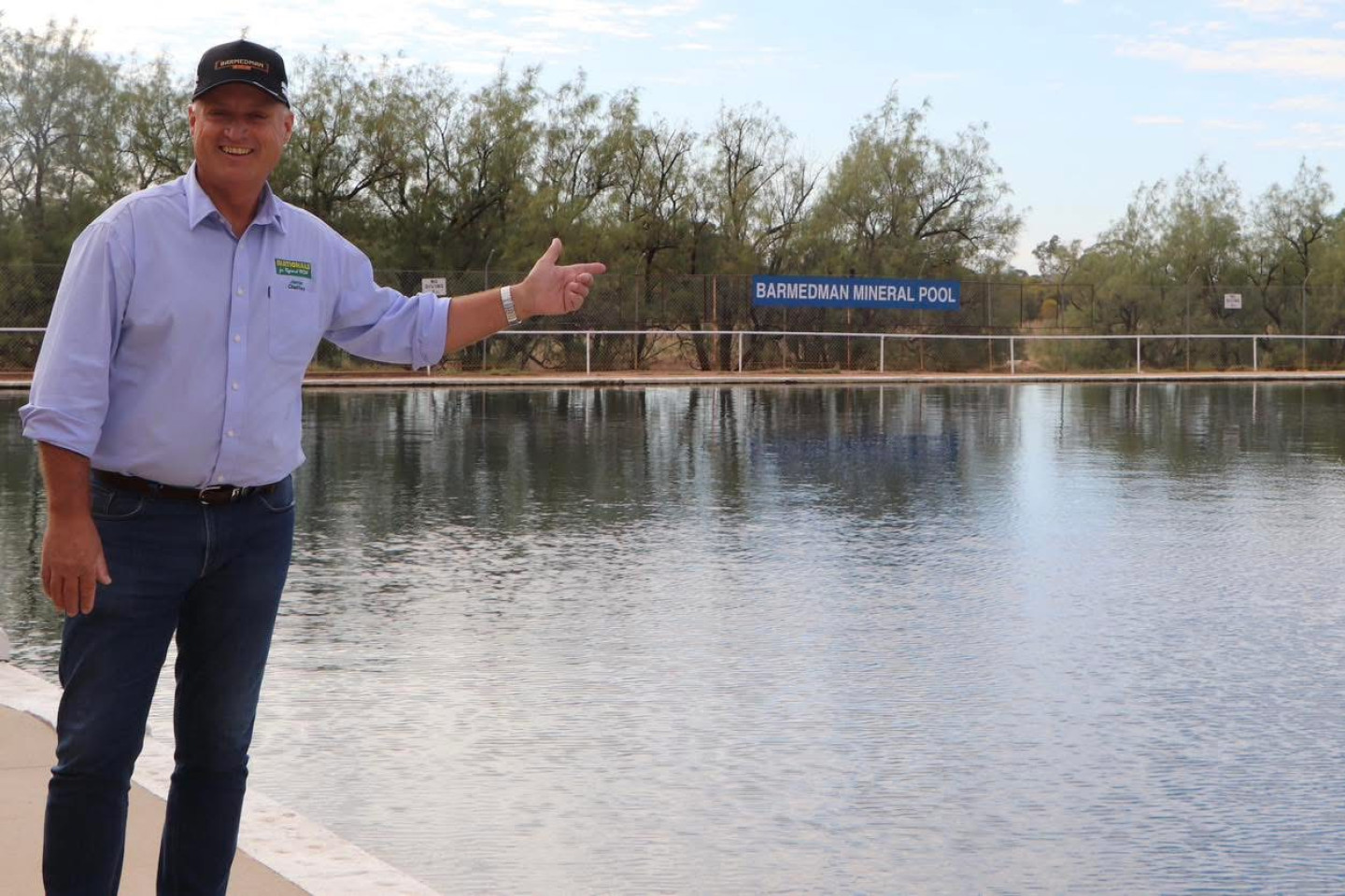 Thrown into the deep end - National Party candidate Jamie Chaffey at Barmedman Pool last week. Chaffey is ready to go on Sunday against the four other candidates for Parkes.