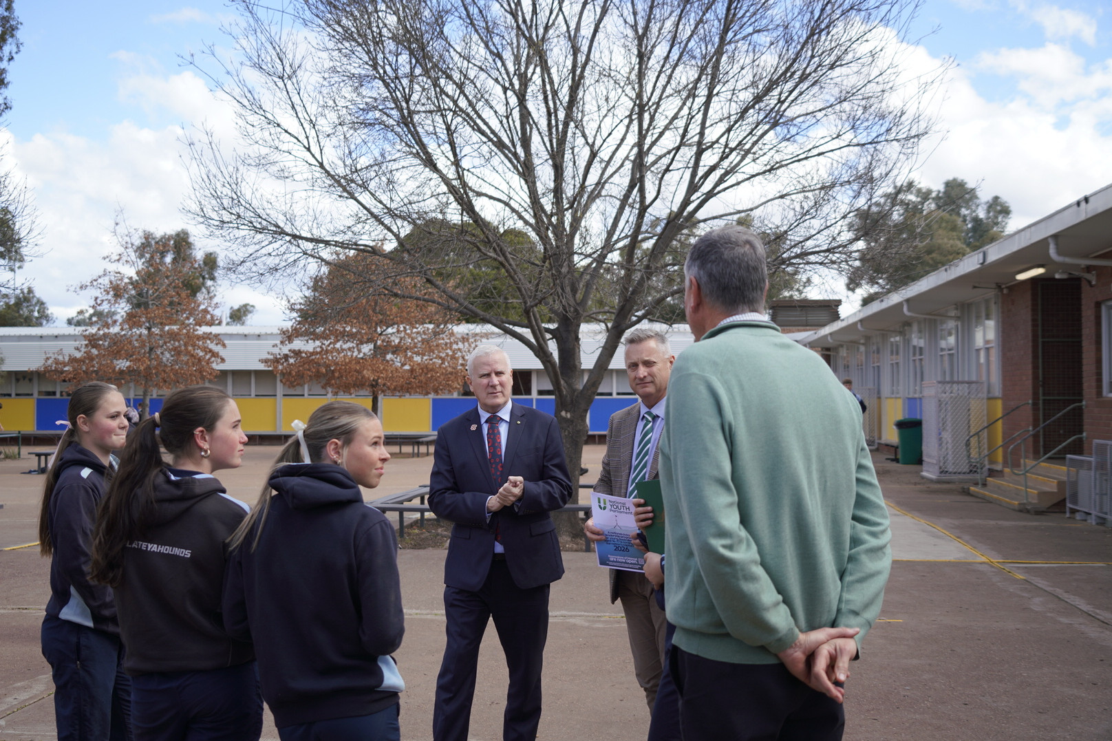 FLYING VISIT: Jamie Chaffey and Member for Riverina Michael McCormack visit West Wyalong High School and talk to students about the National Youth Parliament. Photo supplied.