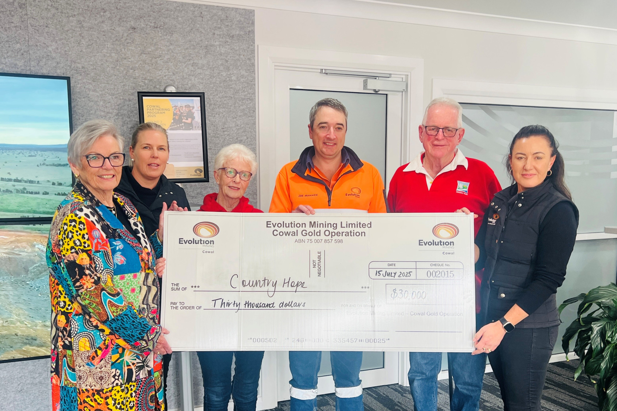 DONATION OF HOPE: Chair of Country Hope Anne Lowe, Stephanie Edwards (EVN), Bernadette Pettit (CH), Joe Mammen (EVN GM), Tony Glasgow (CH) and Renee Pettit (EVN). Photo supplied.