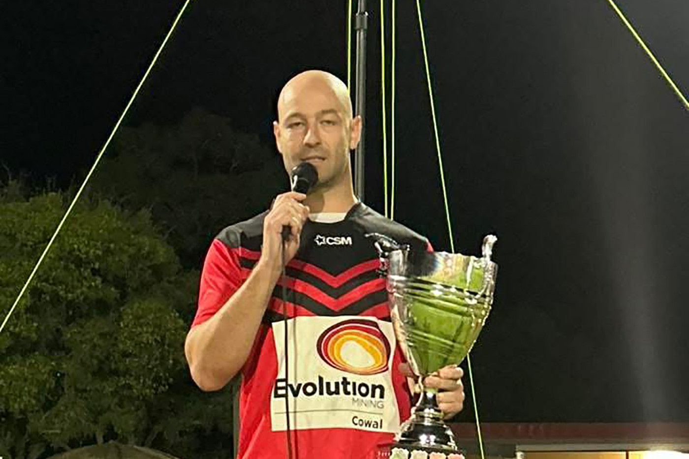 WINNERS: Andrew Preston of the Mallee Men speaking after the game. Photo supplied.